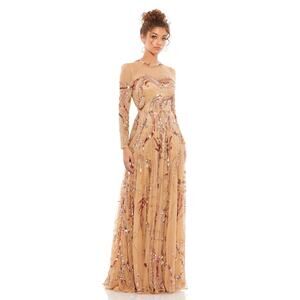 MAC DUGGAL 5217 Long Sleeve Embellished Illusion Evening Gown Caramel 12 NEW
